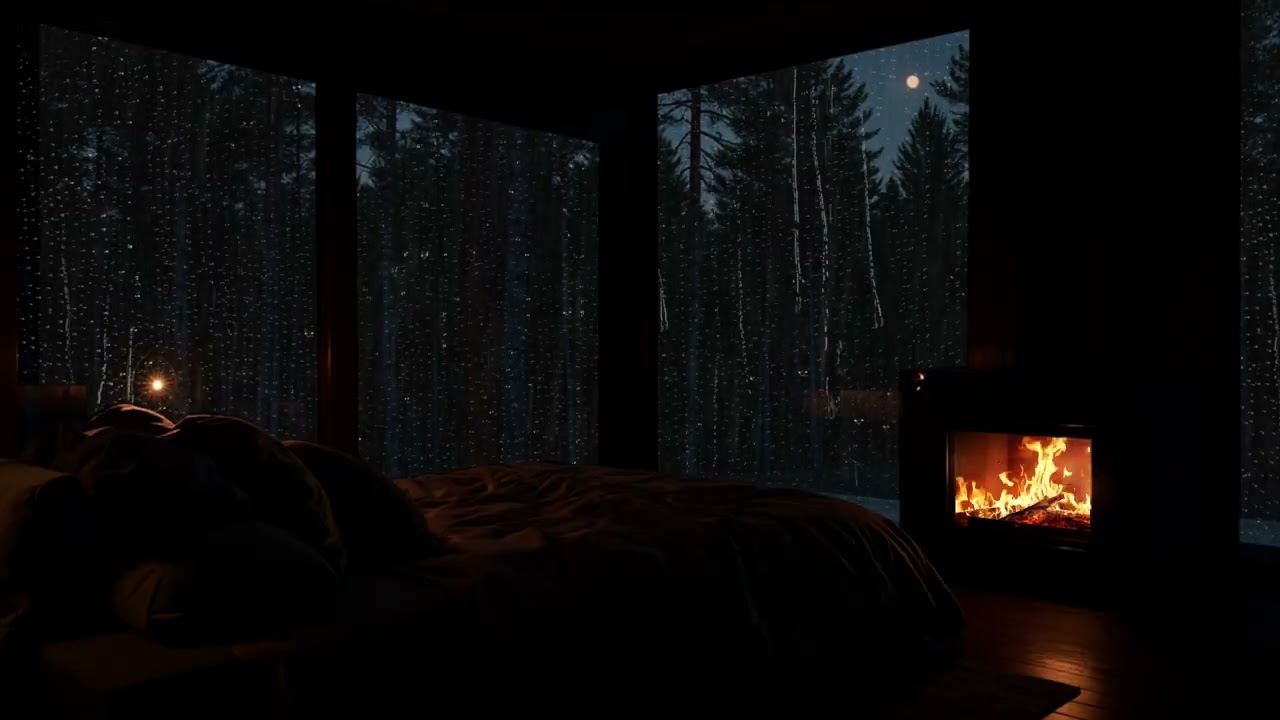 Rainy Forest Night Through Cabin Window | Cozy Fireplace Ambience for Deep Sleep, Study & Relax