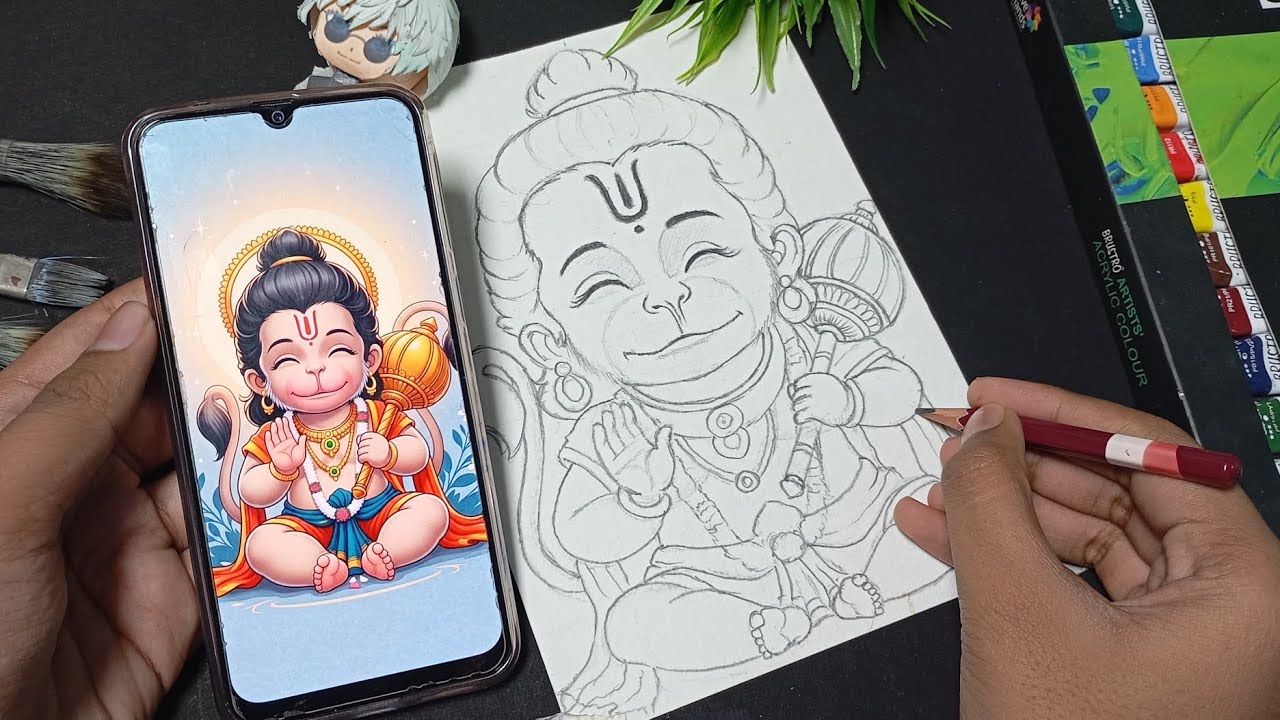 Draw with me - Cute Little Hanuman Ji ☺🙏 , Outline Tutorial , Step by Step for beginners