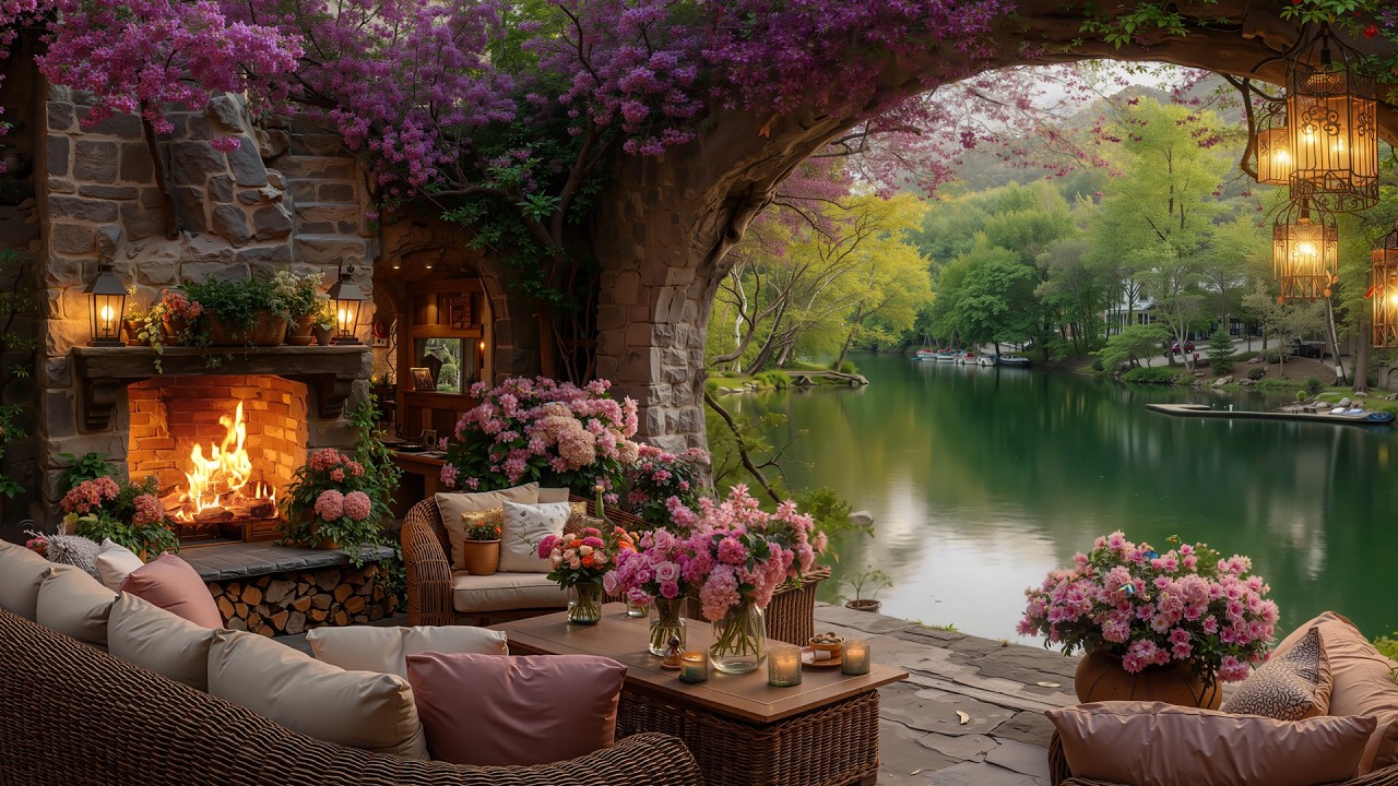 Sweet March Spring Morning at a Cozy Lakeside Porch🌸Soft Piano &Crackling Fireplace for Calm & Focus