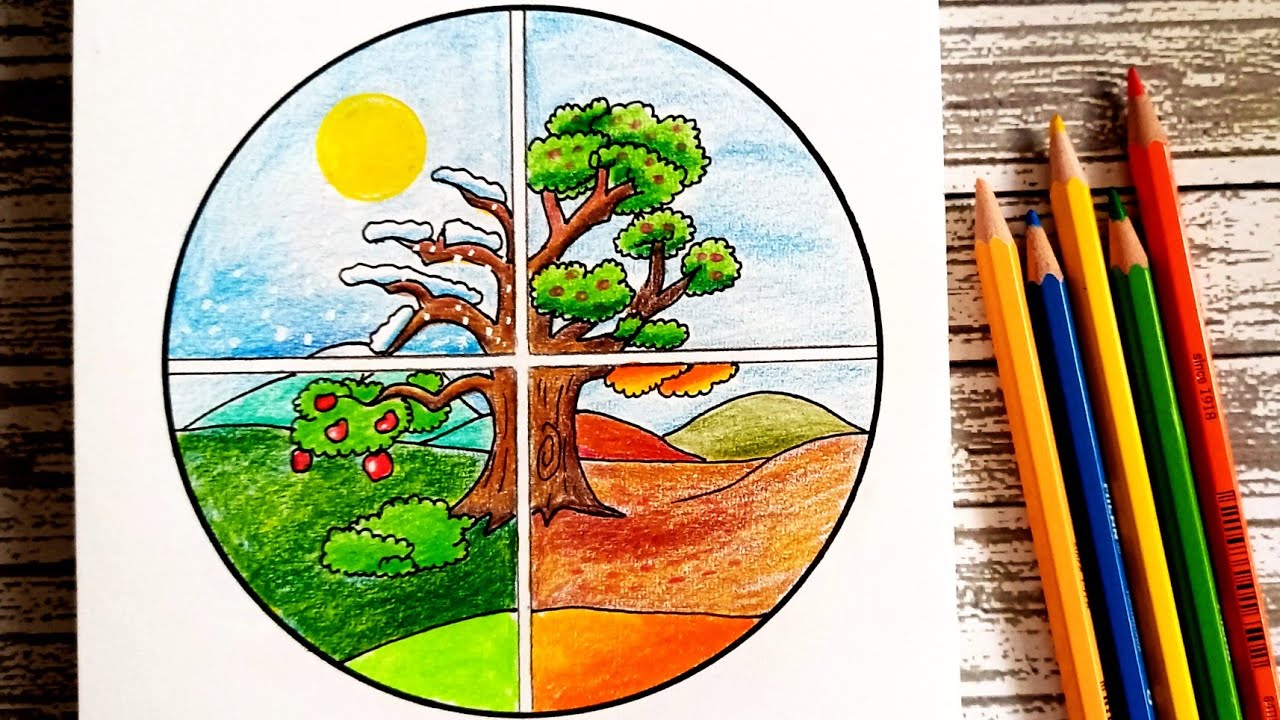 رسم الفصول الأربعة | رسم منظر طبيعي بالألوان الخشبية | رسم الفصول الأربعة بالألوان | رسم سهل | رسمات