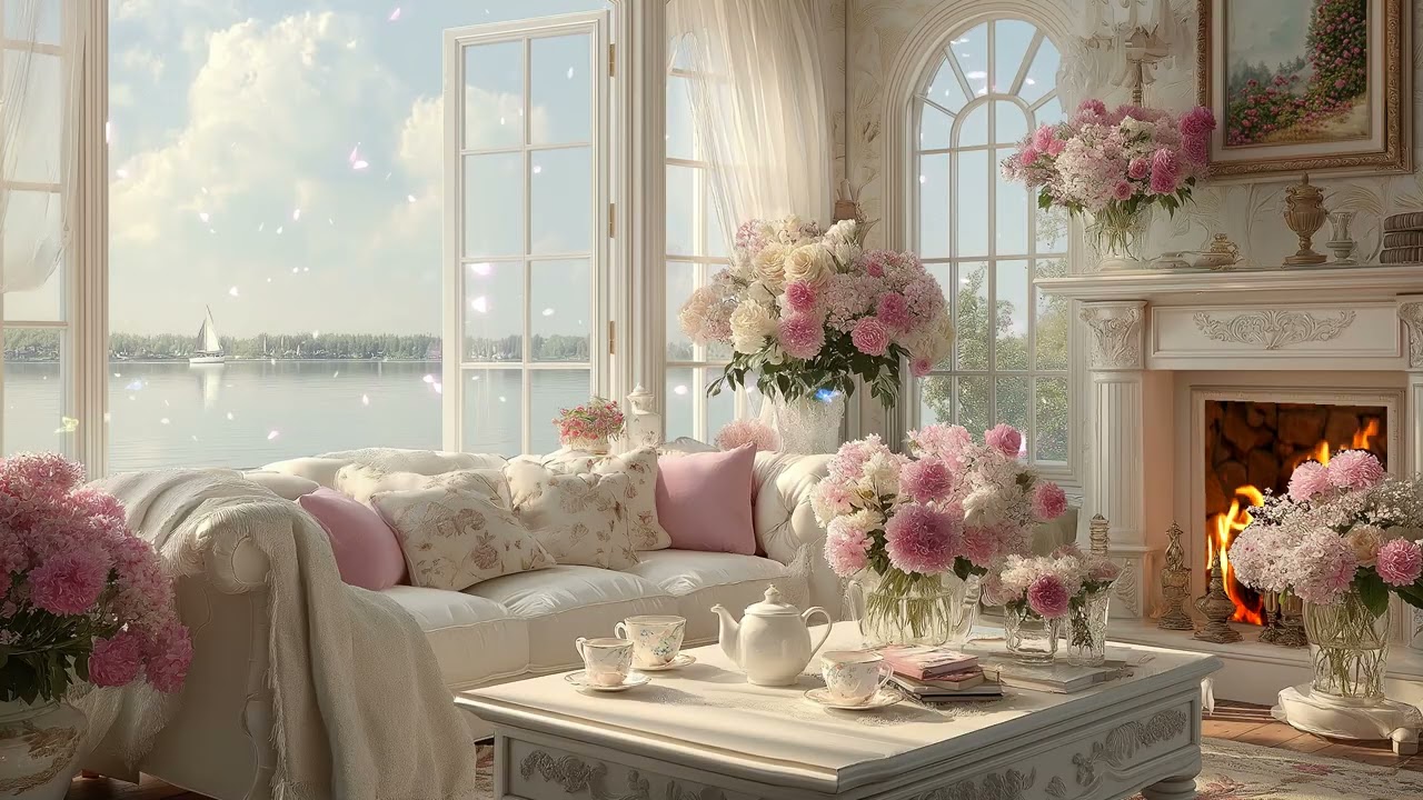🤍🕯️ Cozy Piano Ambience | Spring Flowers Fireplace Lounge 3 Hours | Stress Relief Calm Study Work