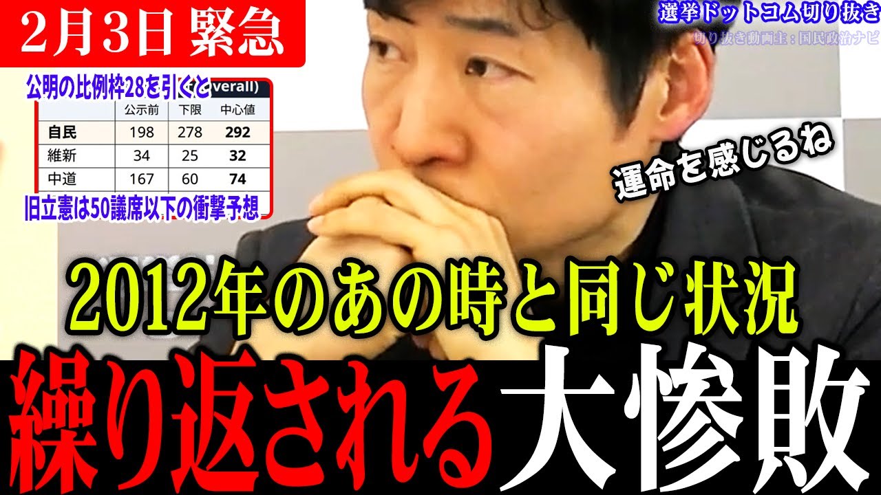 【緊急速報】衝撃の情勢調査を徹底分析！実は民主党政権が崩壊した2012年と意外な共通点が!?中道改革連合は今後どうなる？【選挙ドットコム切り抜き/衆議院選挙/今野記者/最新情勢】