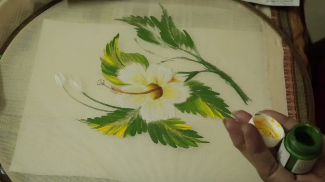 White Hibiscuses on White Saree || Fabric painting -46-|| J.L.Praphulla