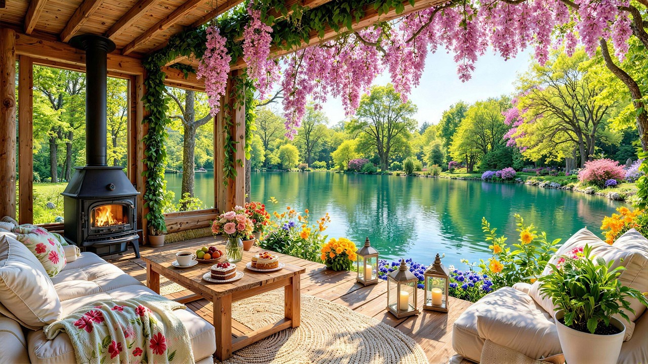 Spring Morning Music with Warm Lakeside Porch Ambience | Crackles Fireplace Sound to Relax & Work