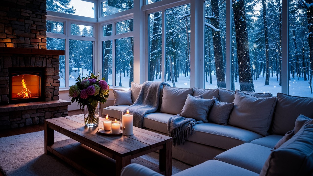 Cozy Winter Piano & Snowy Window View in Elegant White Minimal Room | Warm Fireplace Ambience