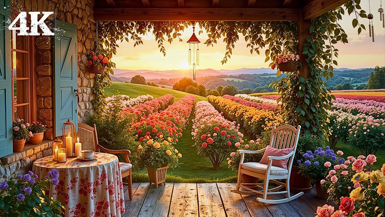 Sunset Rose Garden Porch Ambience | Unleash Eternal Serenity with Wind Chimes Birdsong & Soft Breeze