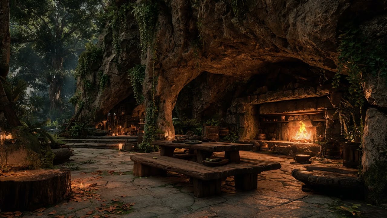 Deep Forest Cave on a Stormy Night | Heavy Rainfall & Distant Thunder Calm Ambience
