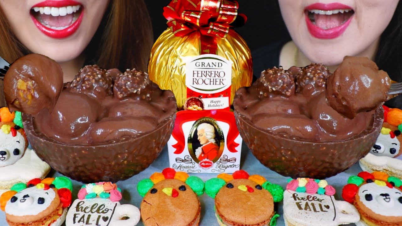 ASMR GIANT CHOCOLATE PROFITEROLES + GIANT FERRERO ROCHER BOWLS + MACARONS 먹방 | Kim&Liz ASMR