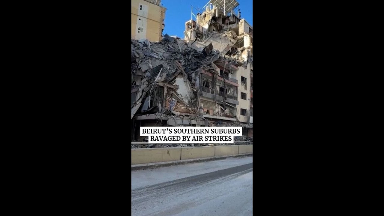 Damaged building, debris seen after Israeli strikes in Beirut