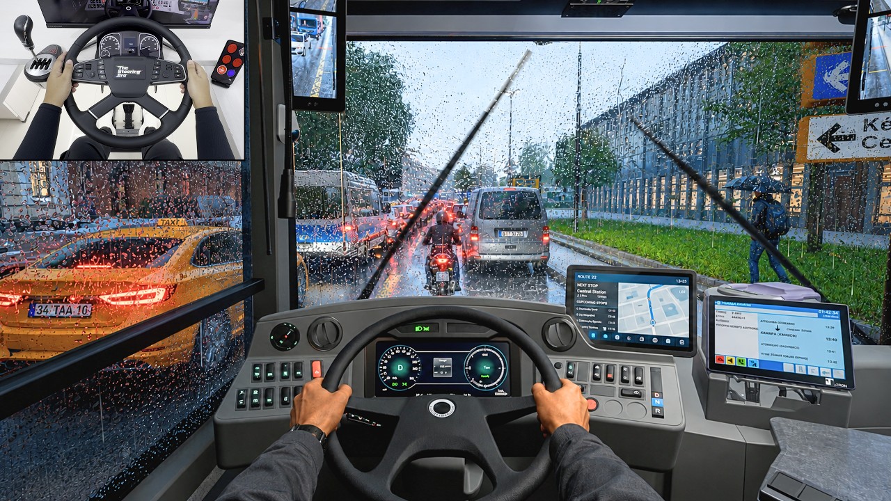 The Bus - Driving an Electric Bus in Heavy Rain | Steering Wheel Gameplay