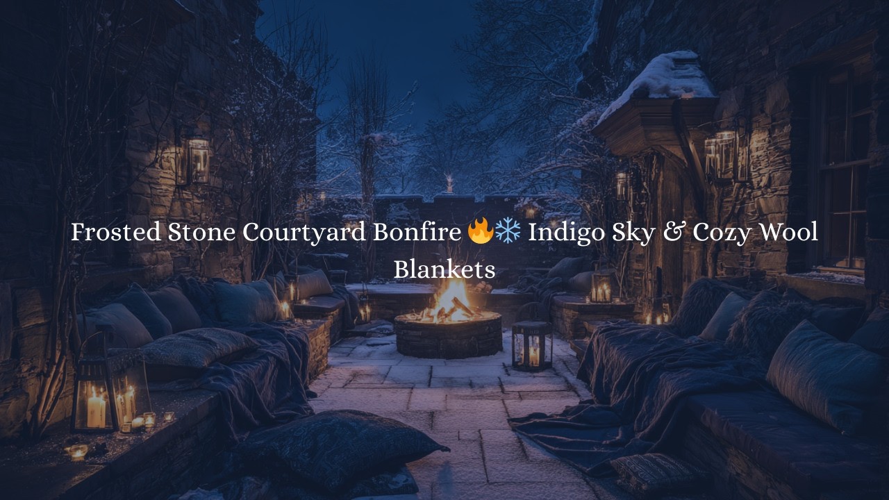 Frosted Stone Courtyard Bonfire 🔥❄️ Indigo Sky & Cozy Wool Blankets