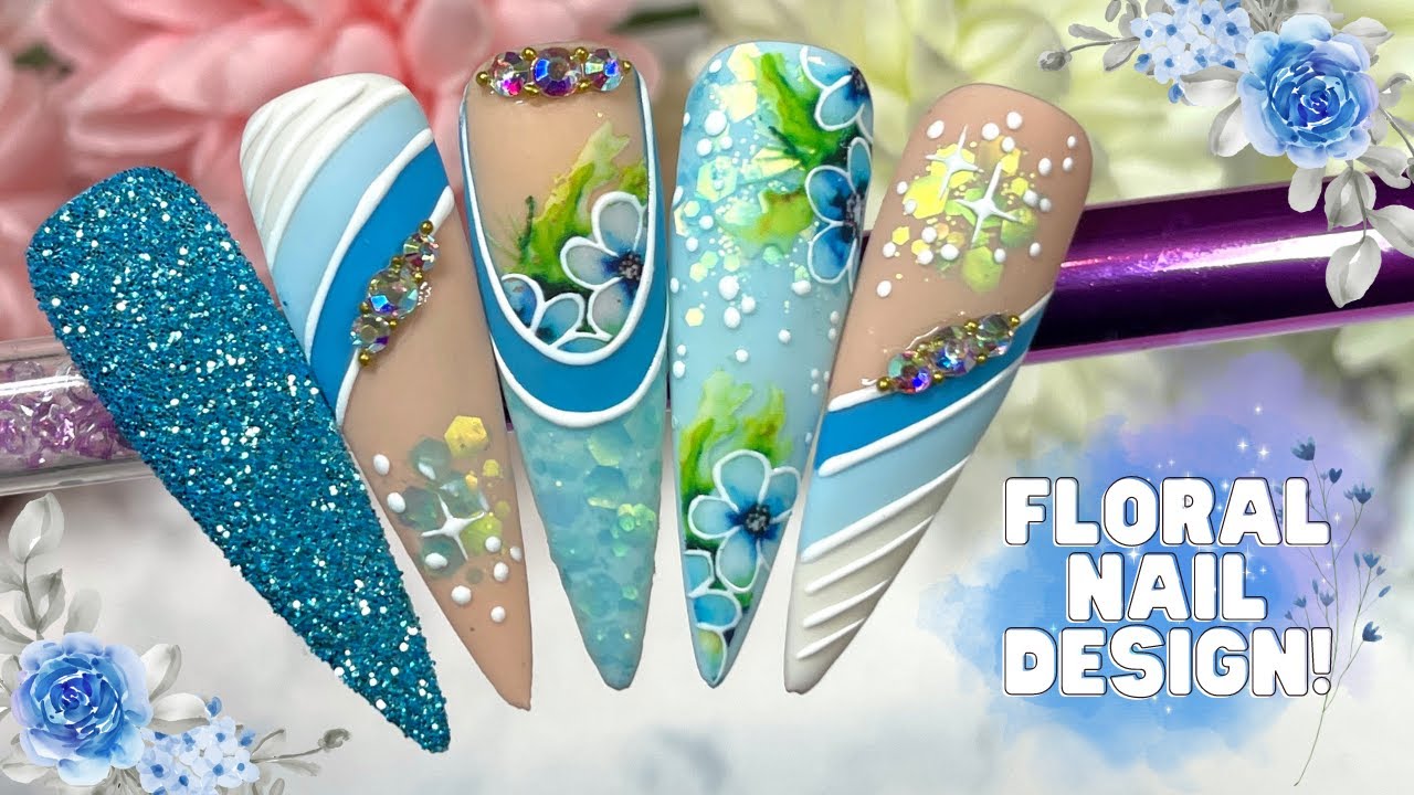 BLUE SPARKLE FLORAL NAIL ART DESIGN| FLORAL TRANSFER FOIL NAIL TUTORIAL| SPRING NAILS| MADAM GLAM