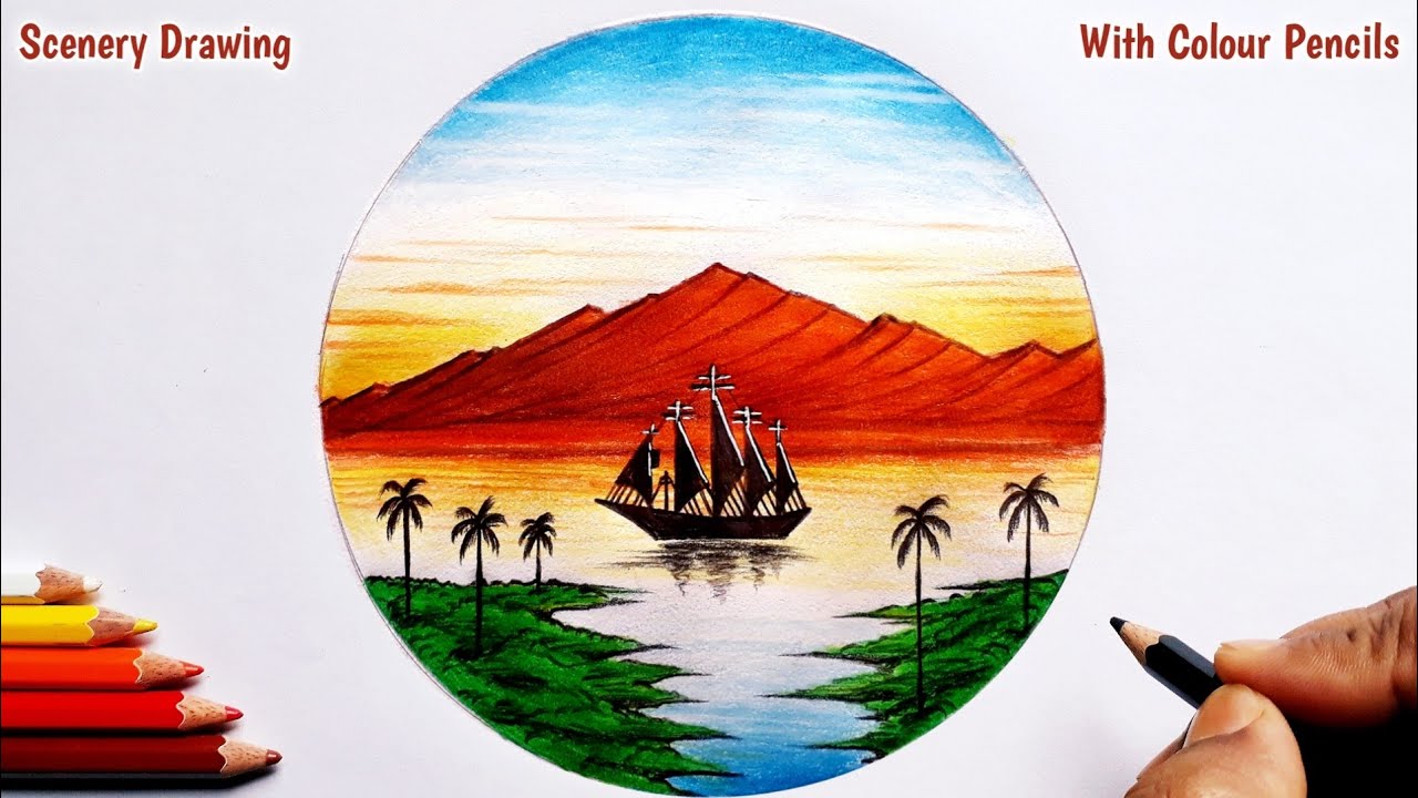 Pencil Colour Drawing - Of Beautiful River Scenery || Easy Mountain Scenery - colour pencil drawing