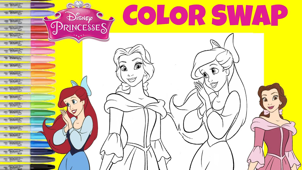 Disney Princess Coloring Book Pages Color Swap Belle and Ariel Anna and Elsa