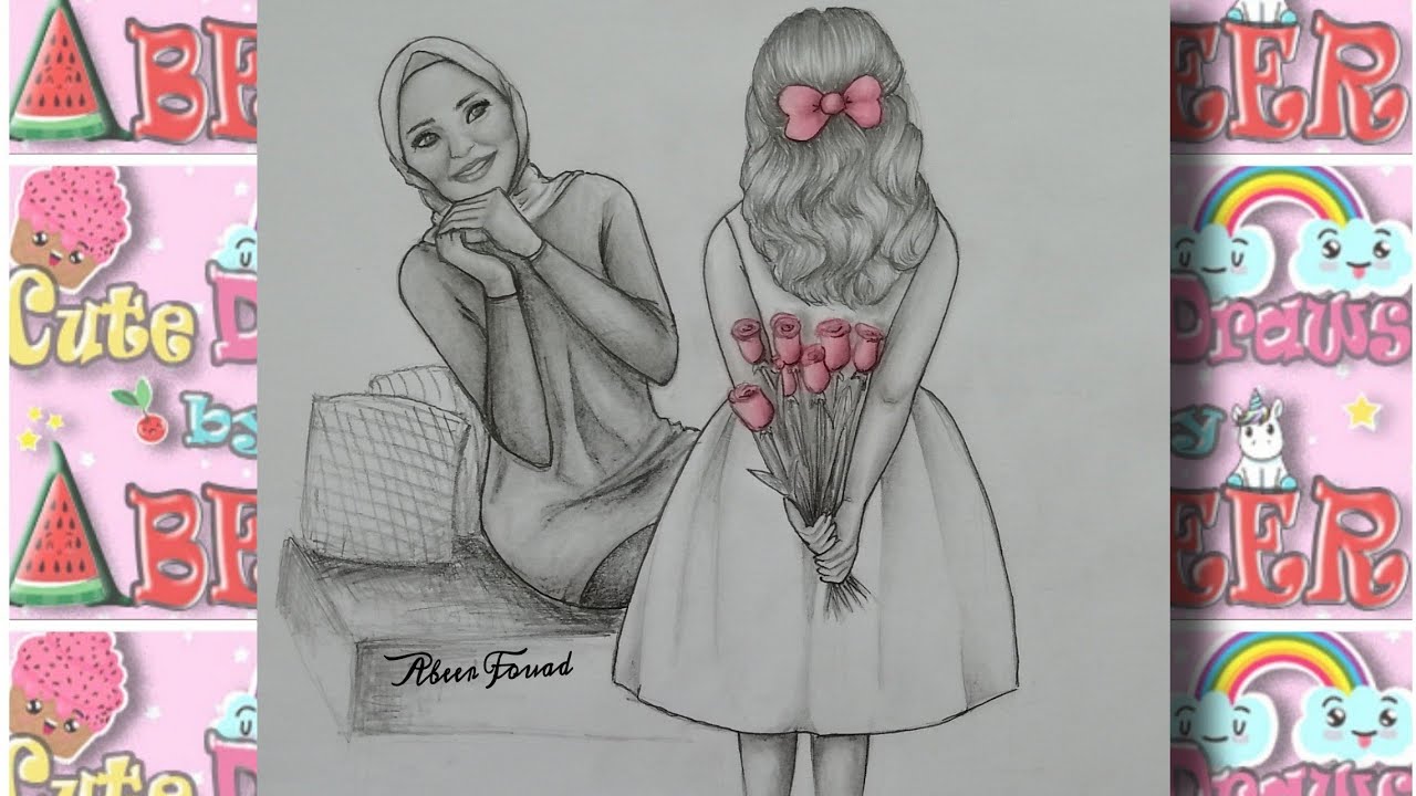 رسم سهل | تحويل قلب لرسمة تعبر عن حب الام | رسم بنت تحمل ورود لأمها في عيد الام Mother's Day Drawing