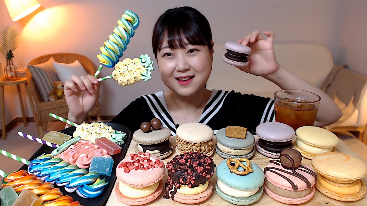 쫀득 쫀득 왕 마카롱과  알록달록 머랭쿠키 보석젤리 코하쿠토 먹방 Macaron and meringue cookie  Mukbang Eatingsound