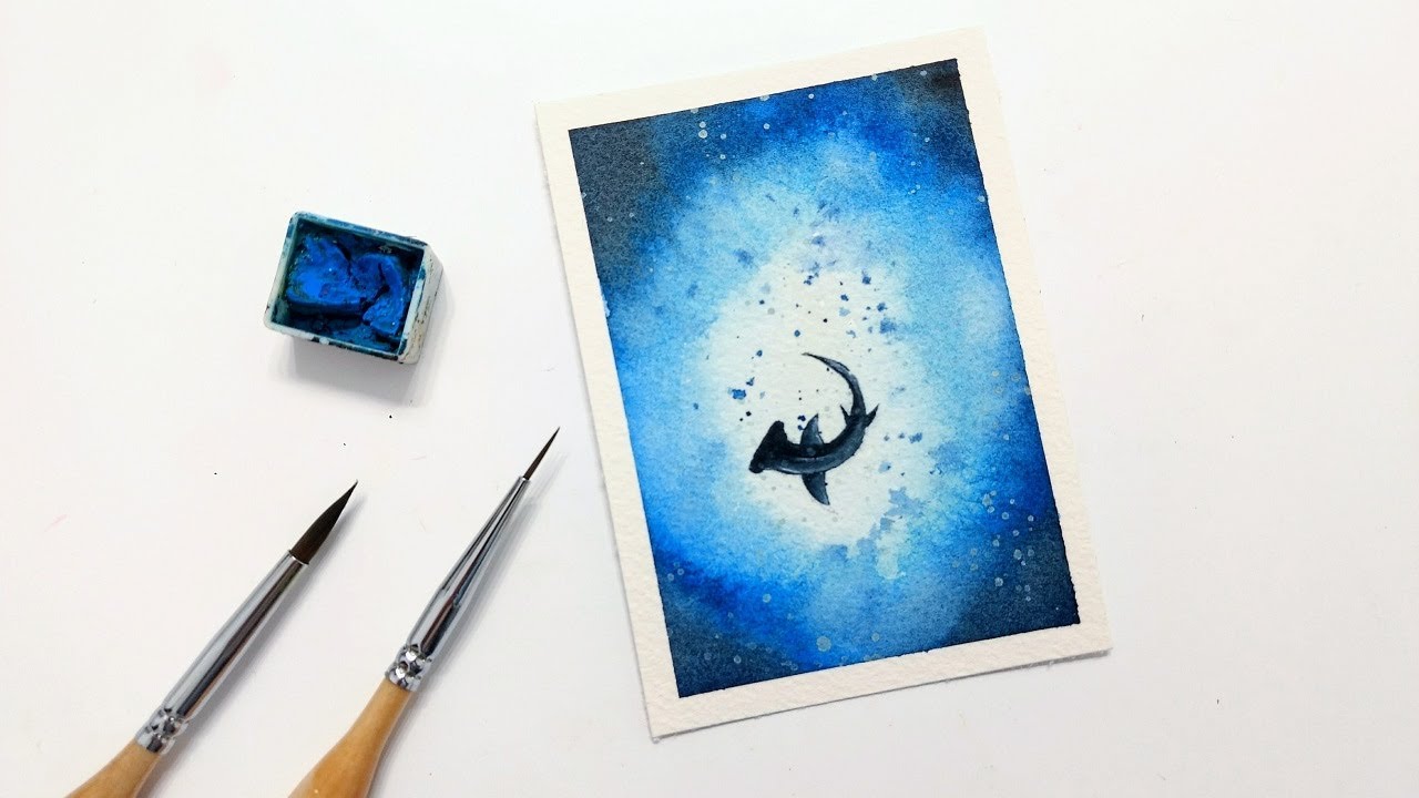 EASY watercolor shark painting tutorial top view » How to paint an ocean aquatic background