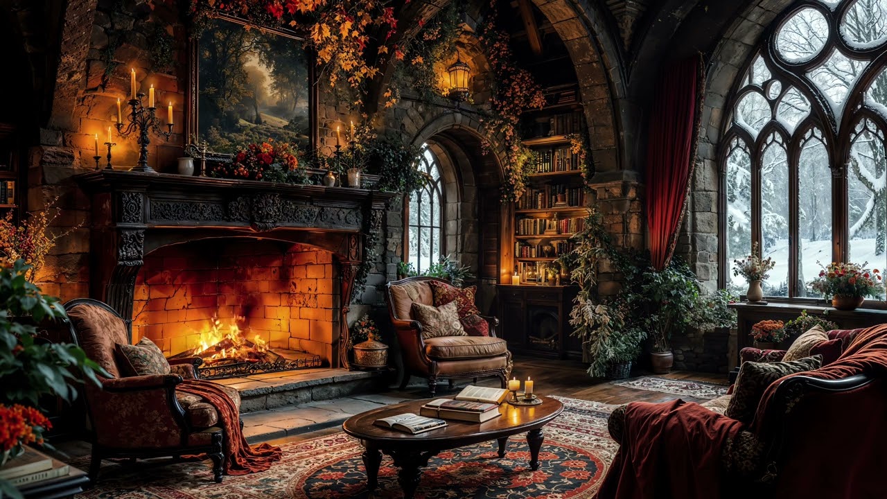A Soft and Cozy Winter Night Under Falling Snow - Fireplace sound for Relaxing and Sleep
