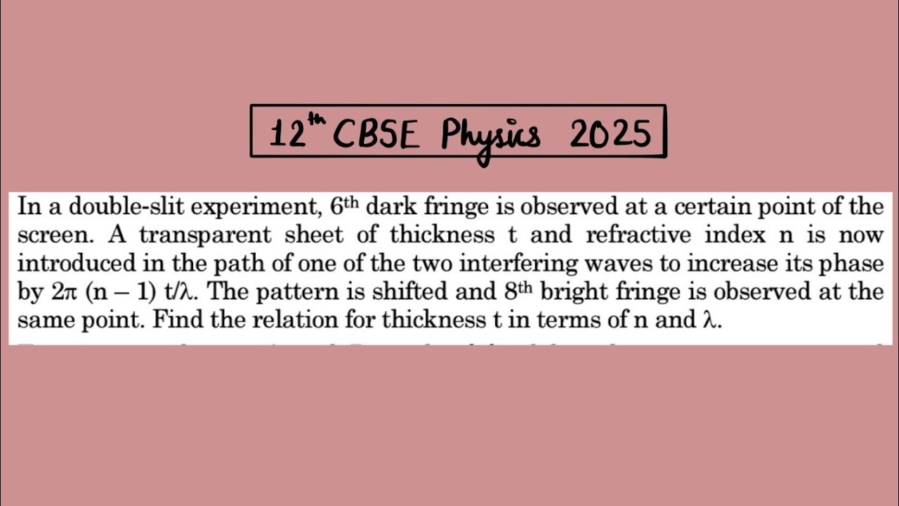 XII Physics 2025 In a double-slit experiment, 6th dark fringe is observed at a certain point of the