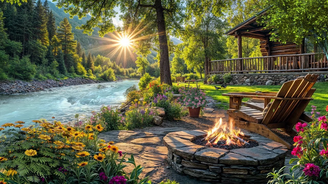 Golden Sunrise by the Riverside Cabin 🌅 | Cozy Campfire & Nature Sounds for Relaxation