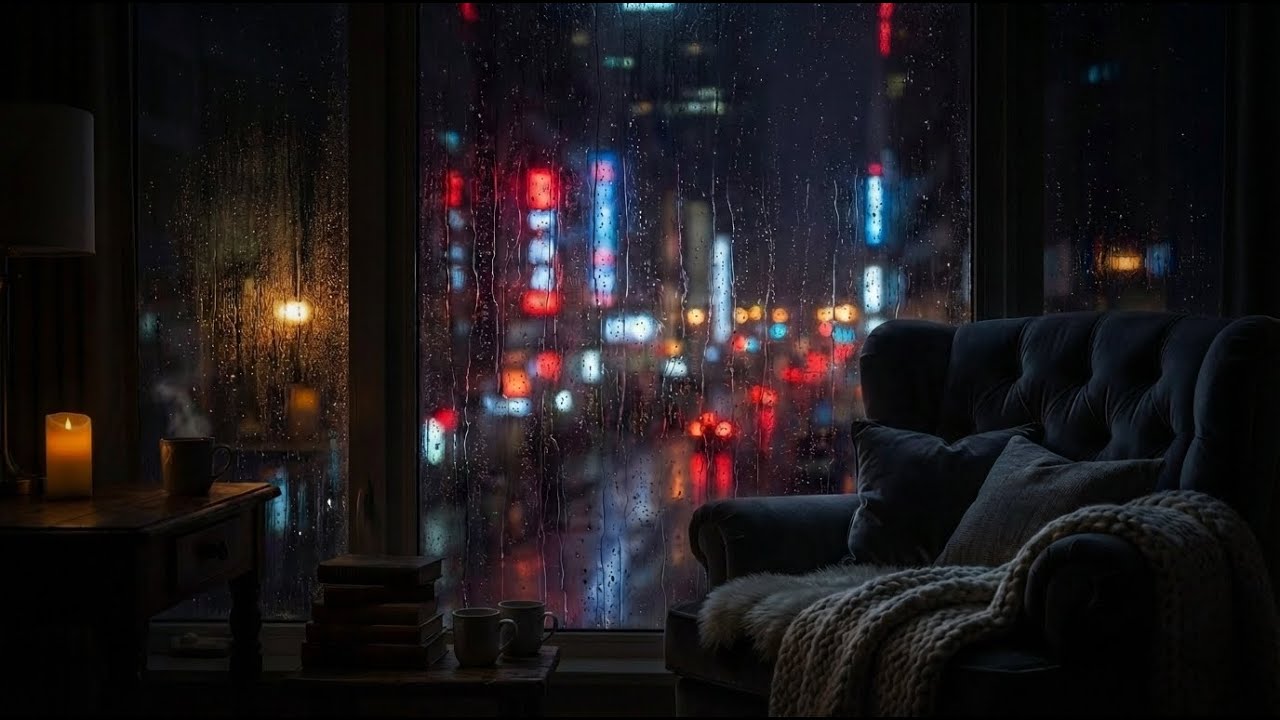 Rainy Night City Window 🌧️✨ | Cozy Room Ambience 4K | 2 Hours for Sleep, Focus & Calm