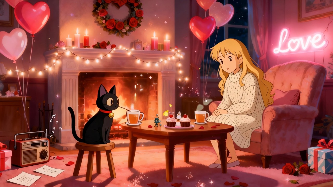 Cozy Valentine's Fireplace 🔥 Kitty's & Yiri's Romantic Lofi Songs 💖 Relaxing Music for Sleep