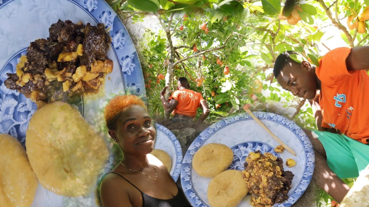 Mango dumpling stewed beef w ackee out in nature - selling pineapple