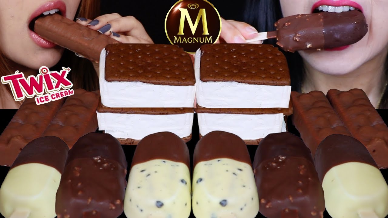 ASMR NEW MAGNUM DOUBLE CHOCOLATE DIPPED ICE CREAM BARS, TWIX CANDY ICE CREAM, MARSHMALLOW PIES 먹방