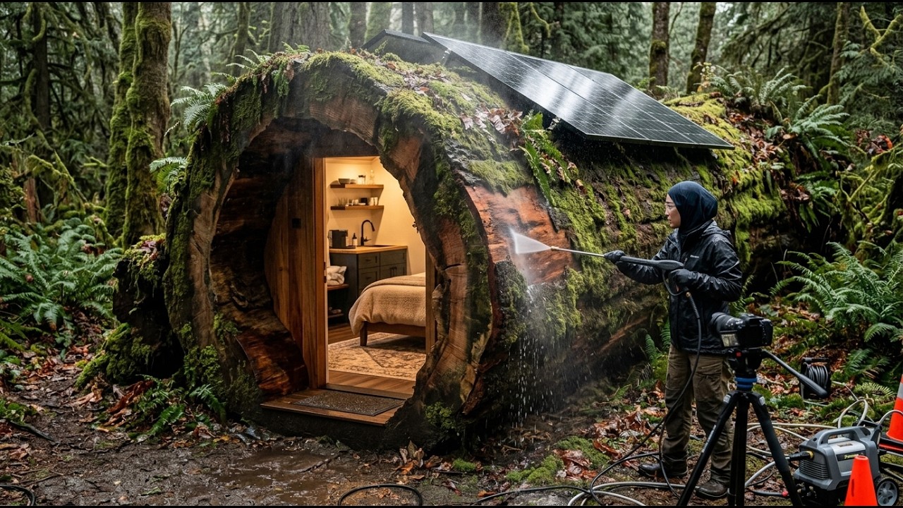 She Turned a Giant Fallen Tree into a Cozy Mini Hotel Room! (Incredible Build)