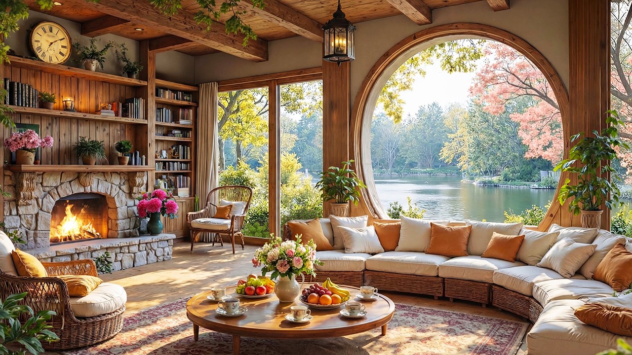 Morning Spring in Cozy Cabin Ambience 🌸 Relaxing Piano, Flowing Stream and Fireplace to Unwind