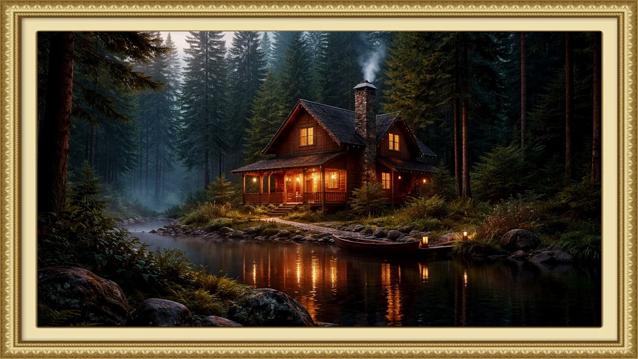 Twilight Cabin by the Reflective Lake | Ambient Art 4k Displays