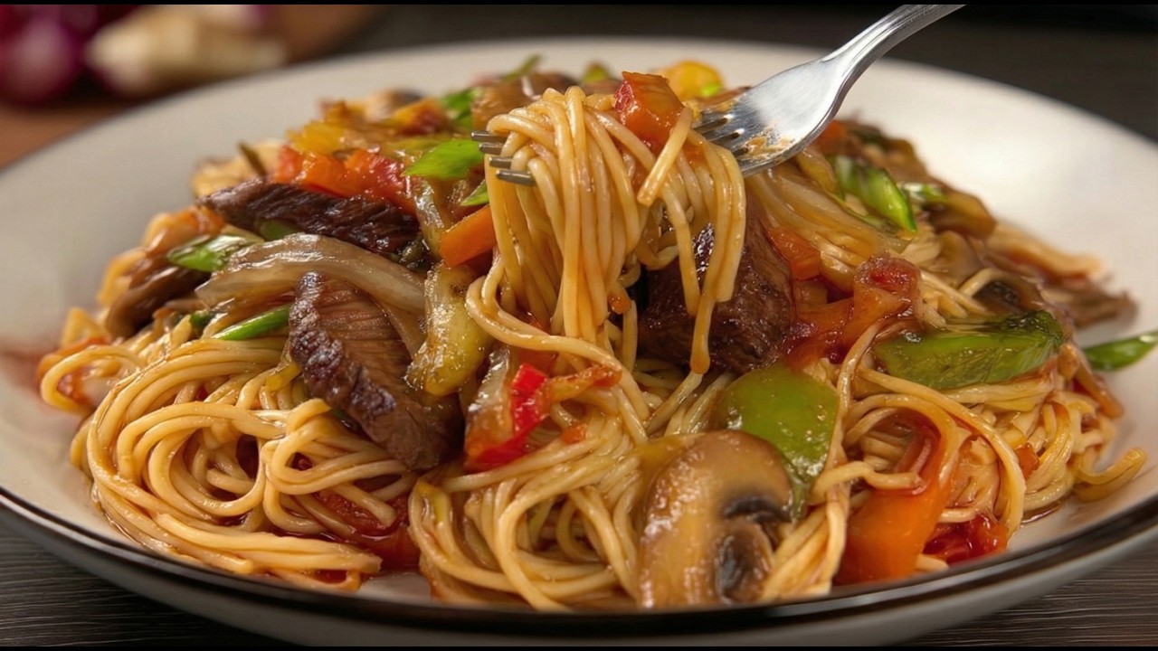 I've never eaten anything so delicious! Pasta with veggie and pork! Simple and delicious!