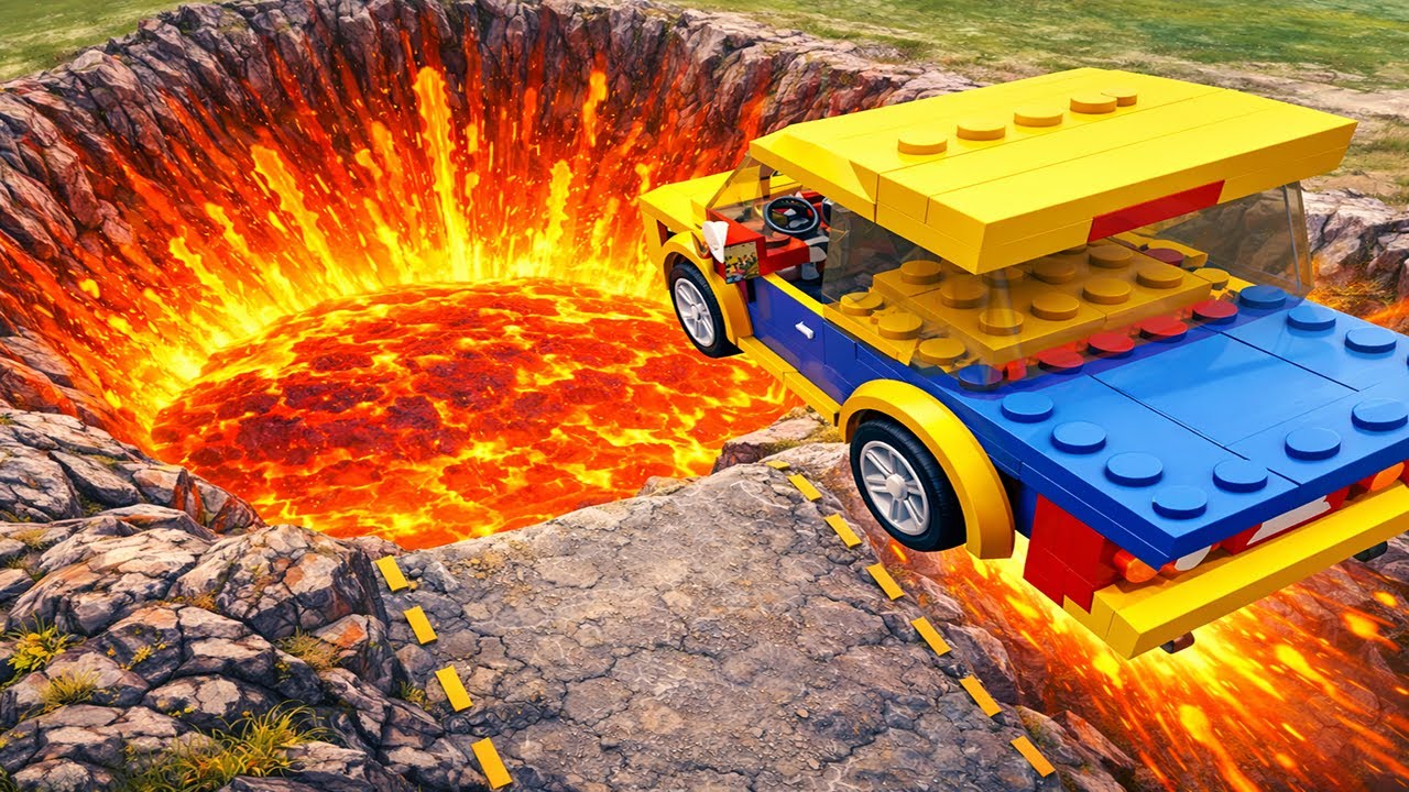 LEGO Car Jumping Into Lava, Bull's Eye, Volcano - BeamNG.Drive