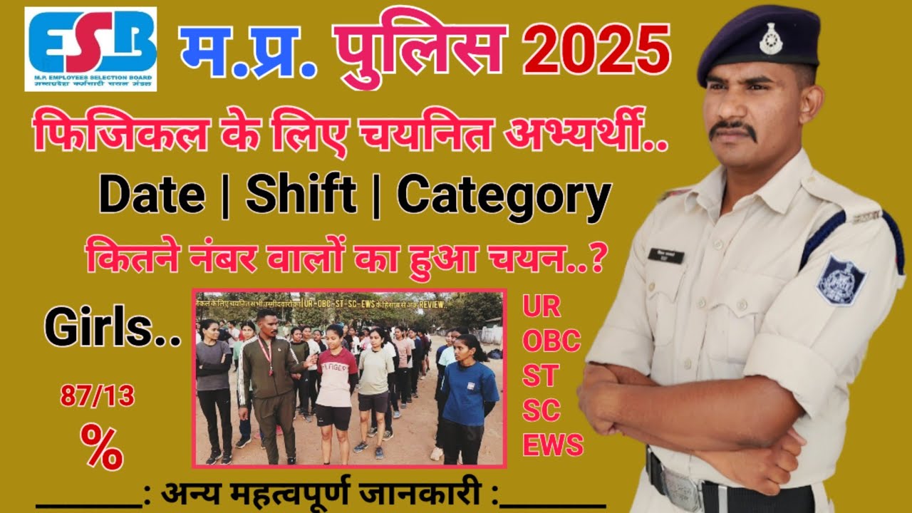 MP police 2025 result |girls|कितने नंबर वालों का हुआ चयन | 87/13 % | #physical_date| #mppolice |#esb