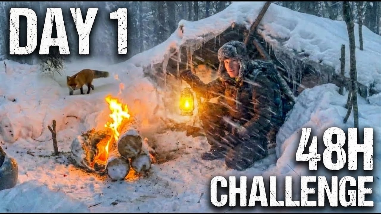 48H Survival Alone in a Frozen Forest | Day 1: Building Shelter, Securing Food, and Making Fire