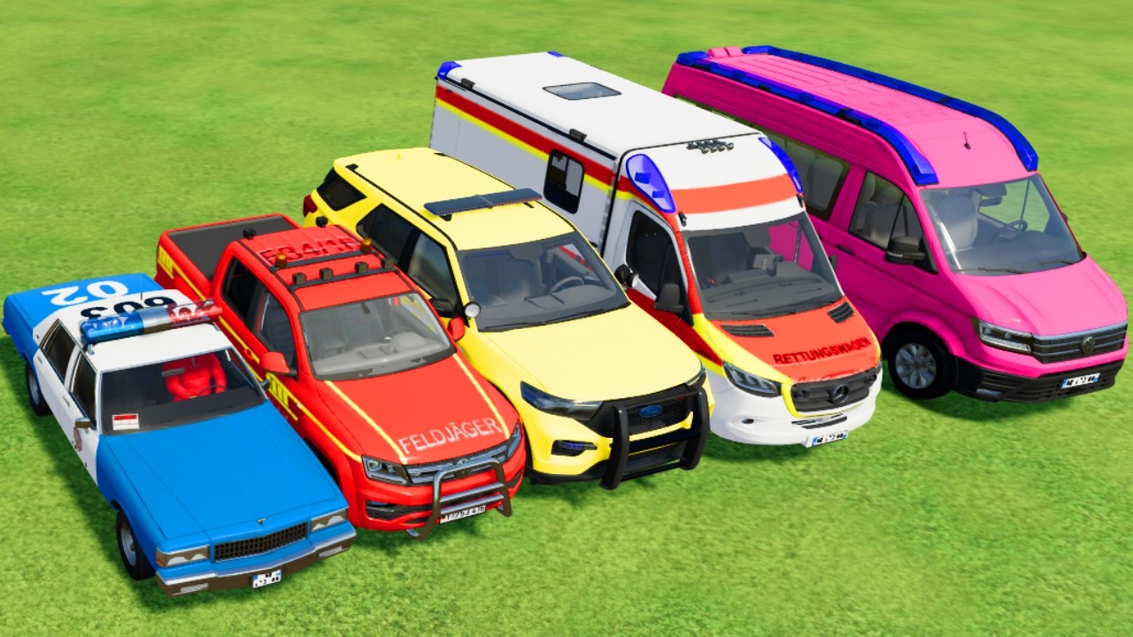 TRANSPORTING POLICE CARS, AMBULANCE, FIRE TRUCK, COLORFUL CARS WITH TRAIN -FARMING SIMULATOR 22!