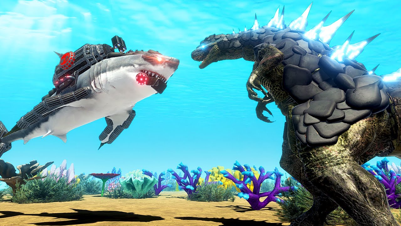 Киборг-акула сражается с Годзиллой — Animal Revolt Battle Simulator
