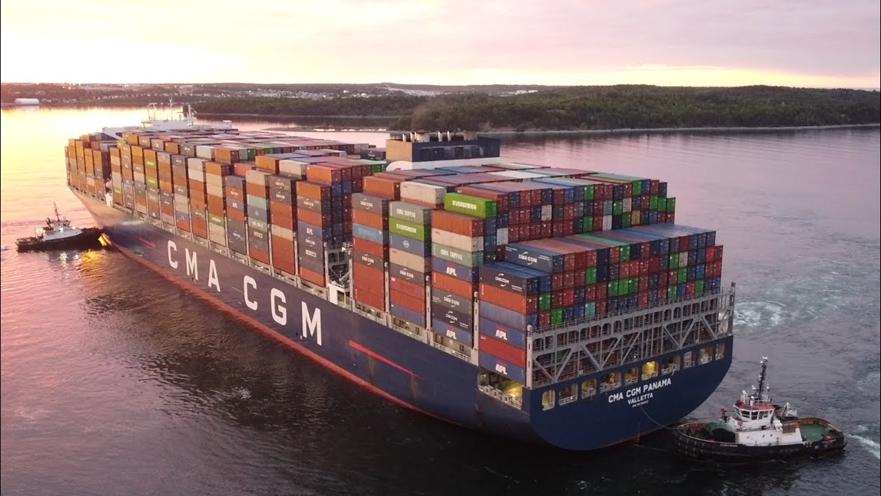 Spectacular Sunrise Aerial View! Massive Container Ship CMA CGM PANAMA - Port of Halifax, NS, Canada
