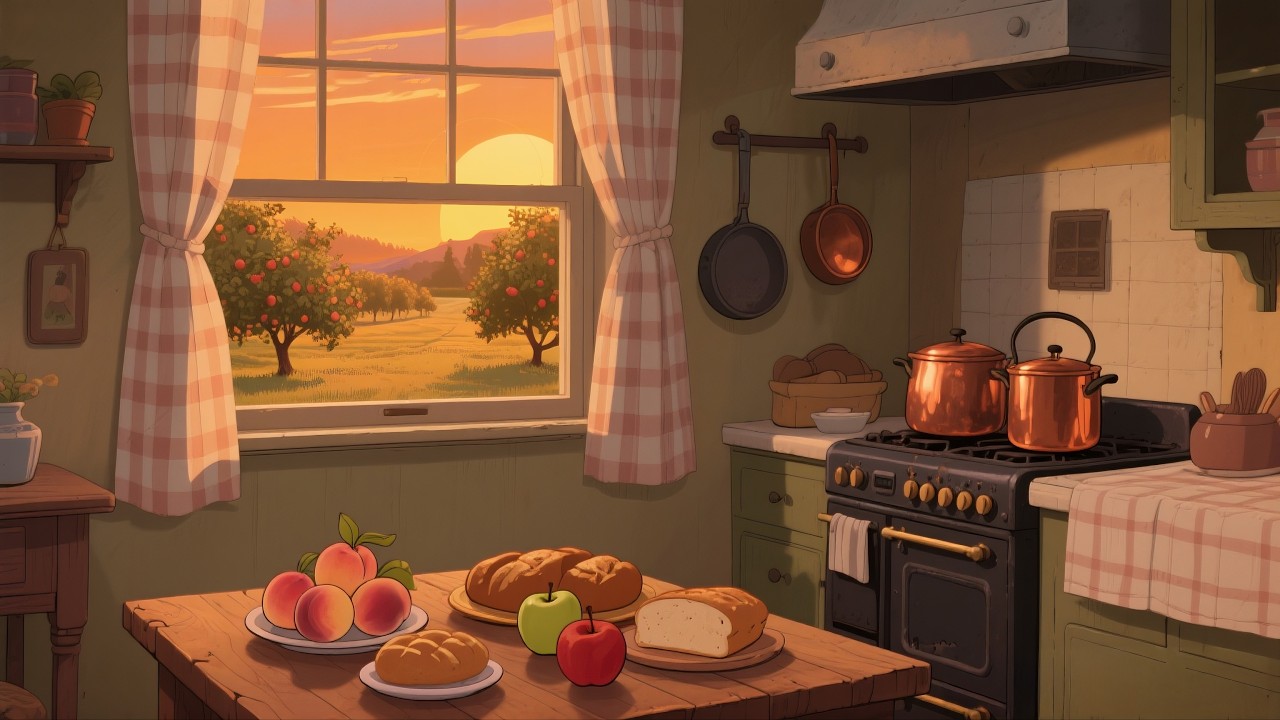 A Warm 1940s Kitchen — Another Room Where Soft Light Glows on Wooden Tables