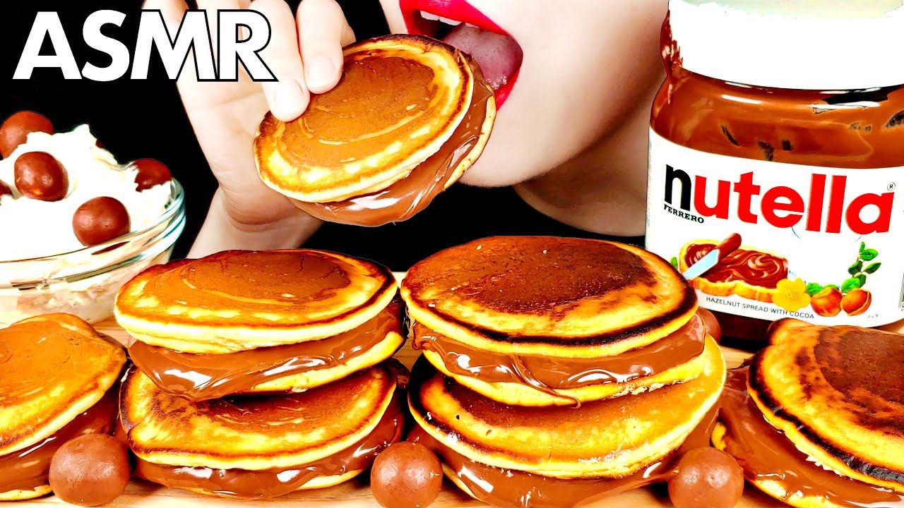 ASMR сэндвич с блинами Nutella, домашние шоколадные блины, MUKBANG, настоящие звуки еды.