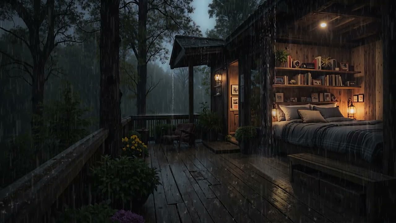 Soft Night Rain Around a Forest Cabin 🌧️ Warm Indoor Darkness | 4K – No Ads