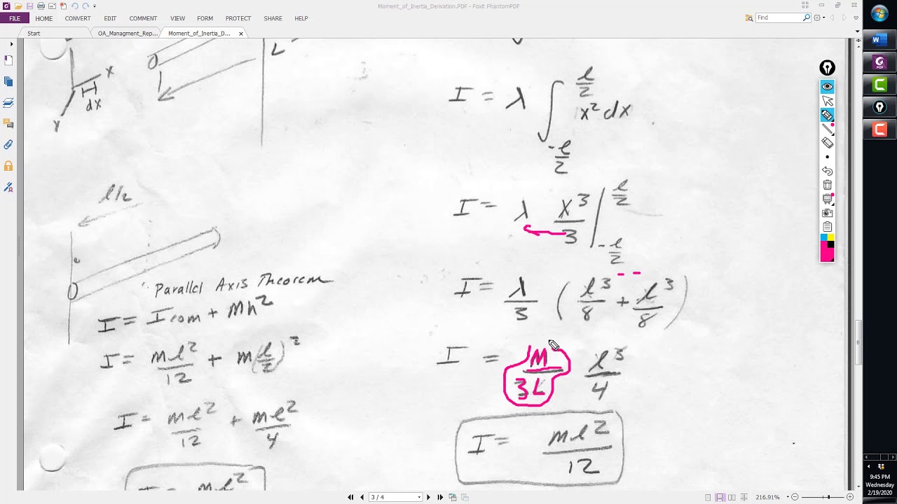 Moment of Inertia  (Thin Rod) Rotated at COM Perpendicular to Length