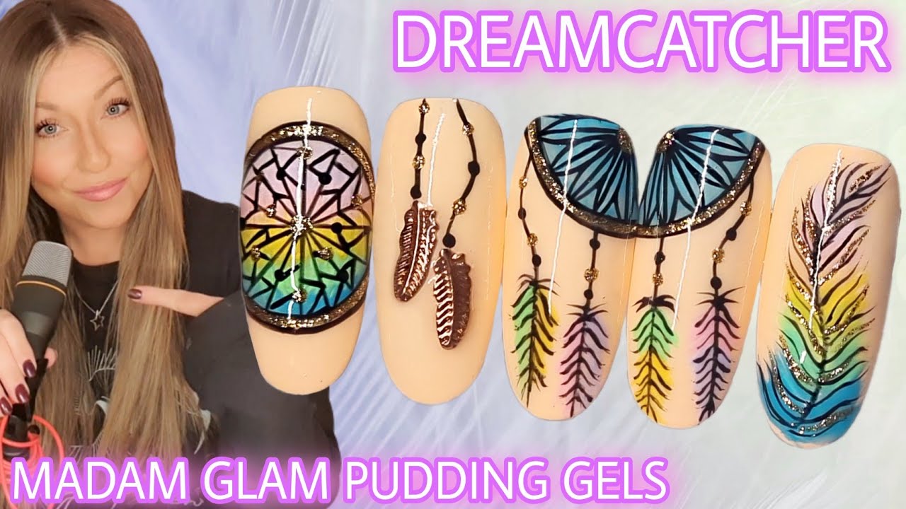 💭 Dreamcatcher nail art design Feather nails | Madam Glam Pudding Gel | Autumn Fall | Easy Rainbow