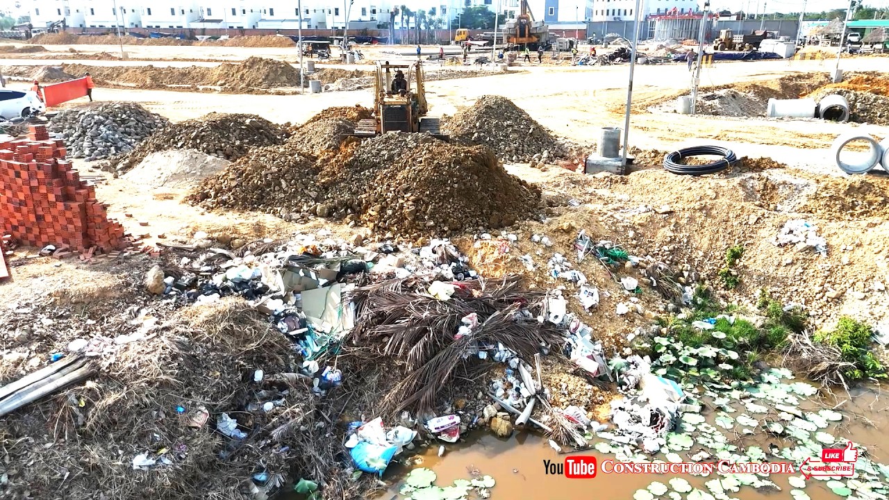 Amazing Landfill Delete Pond Water! Using Skills Old Komatsu D58E Dozer Pushing Stones & Dump Trucks