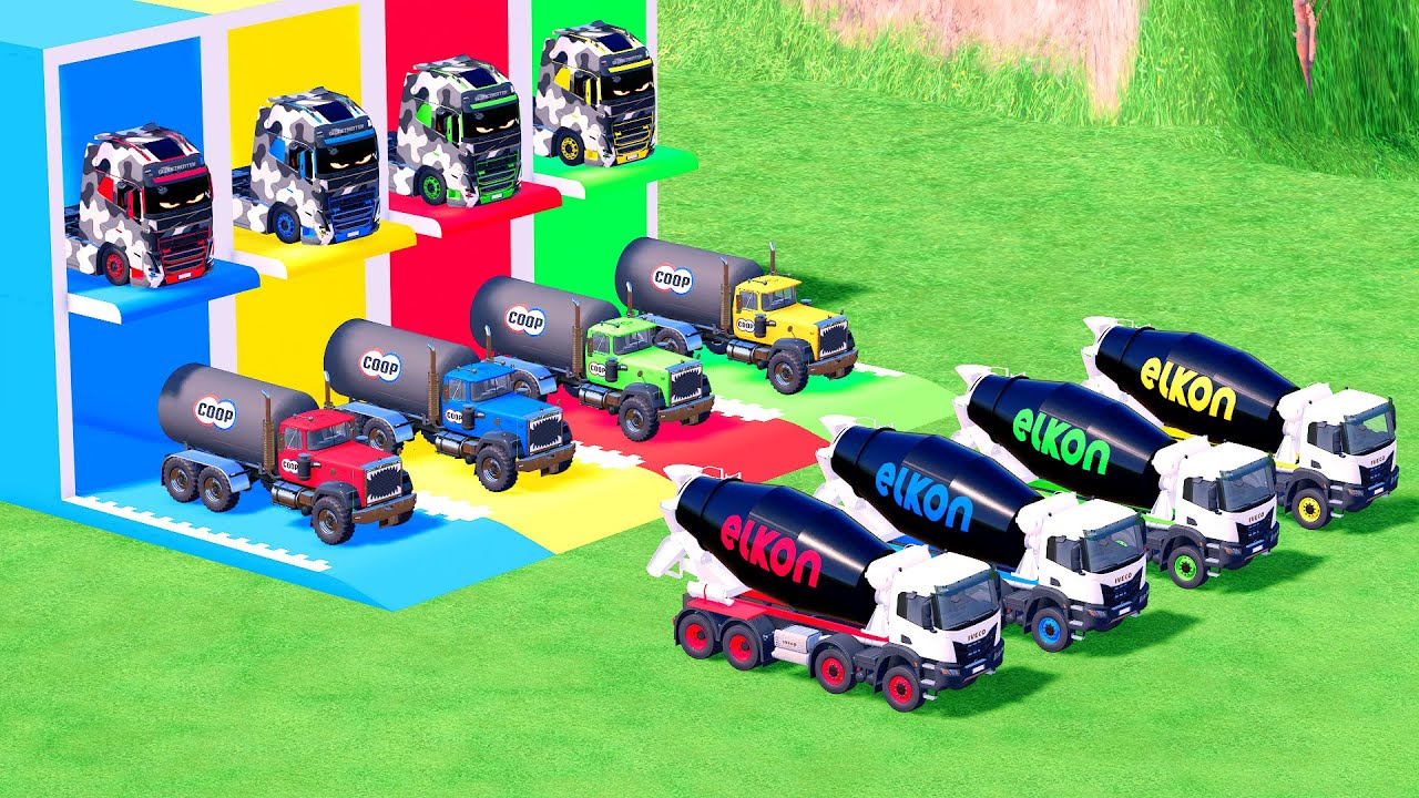 Garage with Colors - ALL MIXER TRUCK WITH DOUBLE FLATBED TRAILER TRUCK, SCANIA, MACK #67 - FS22