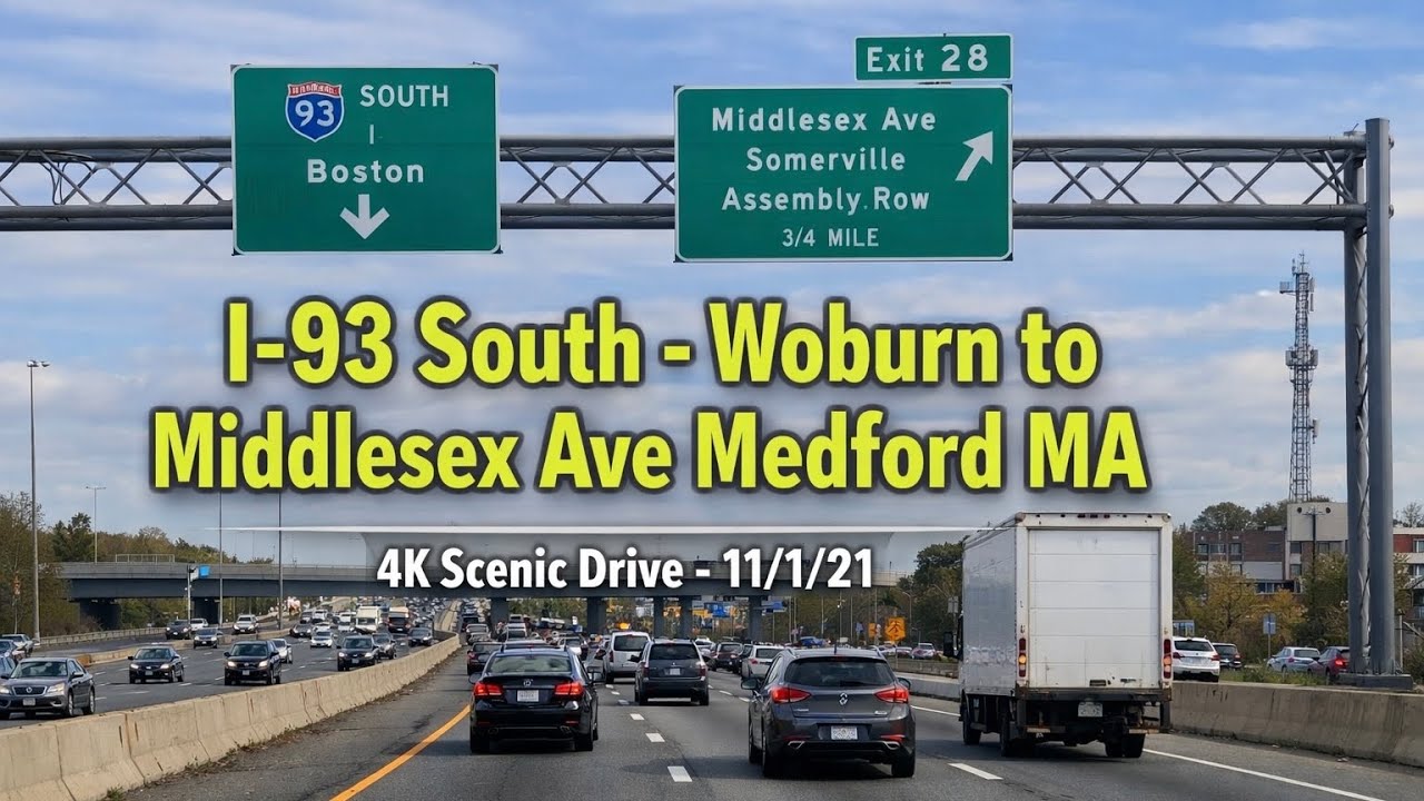 I-93 South - Woburn to Middlesex Ave Medford MA | 4K Scenic Drive - 11/1/21