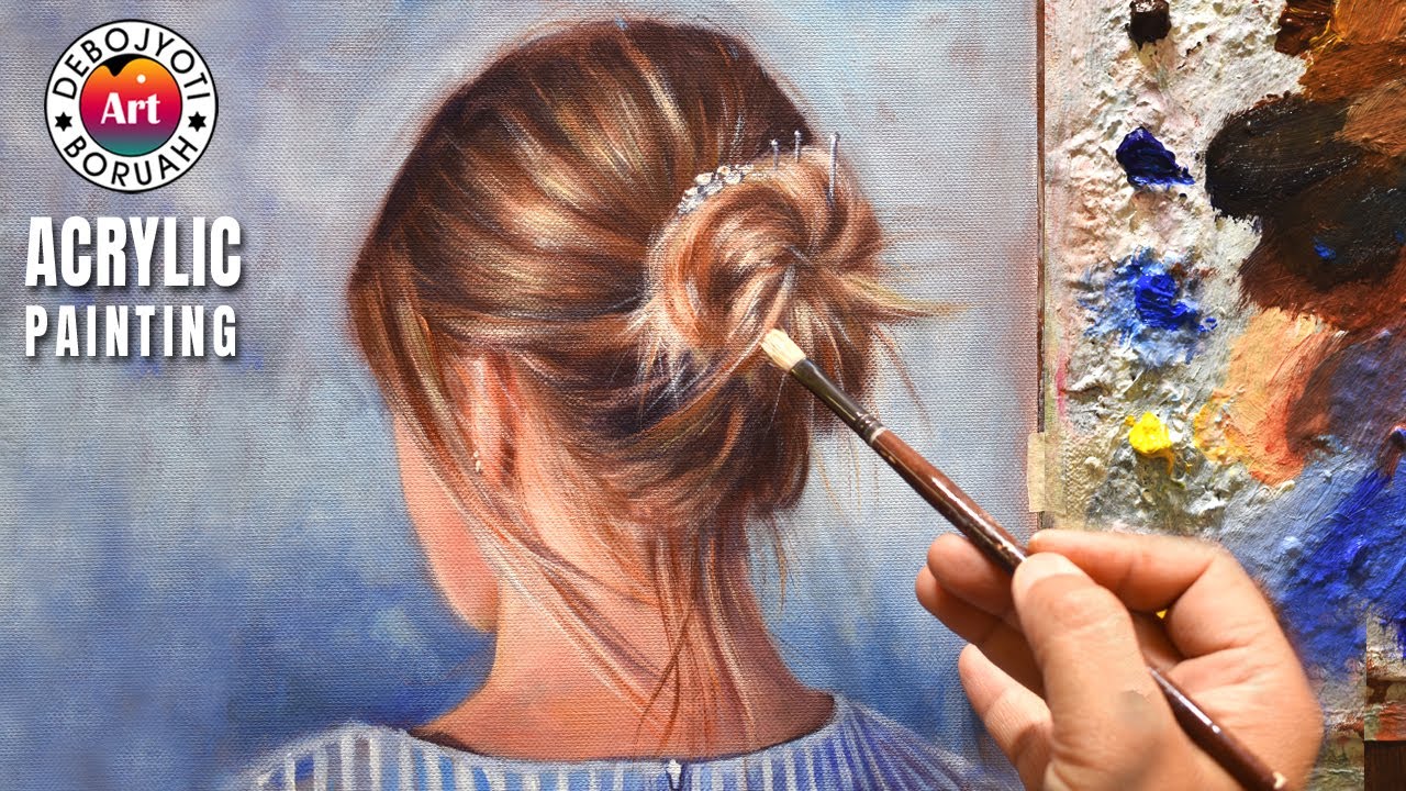Painting REALISTIC HAIR IN PORTRAIT PAINTING IN ACRYLIC | Tutorial for Beginner by Debojyoti Boruah