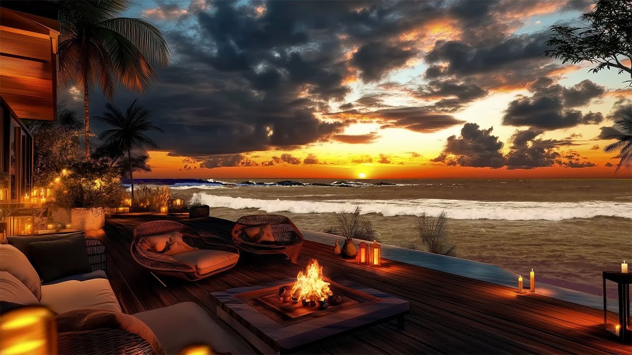 Seaside Night Jazz Ambience In Super Luxury Porch & Fireplace. Enjoy Gentle Jazz Piano by the Sea