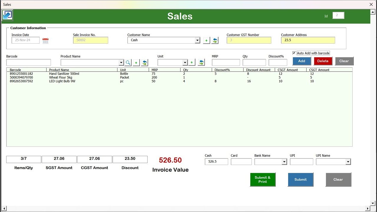 GST Billing Software V1.0 in Excel VBA | Sales, Purchase, Inventory, Product Master and Reports