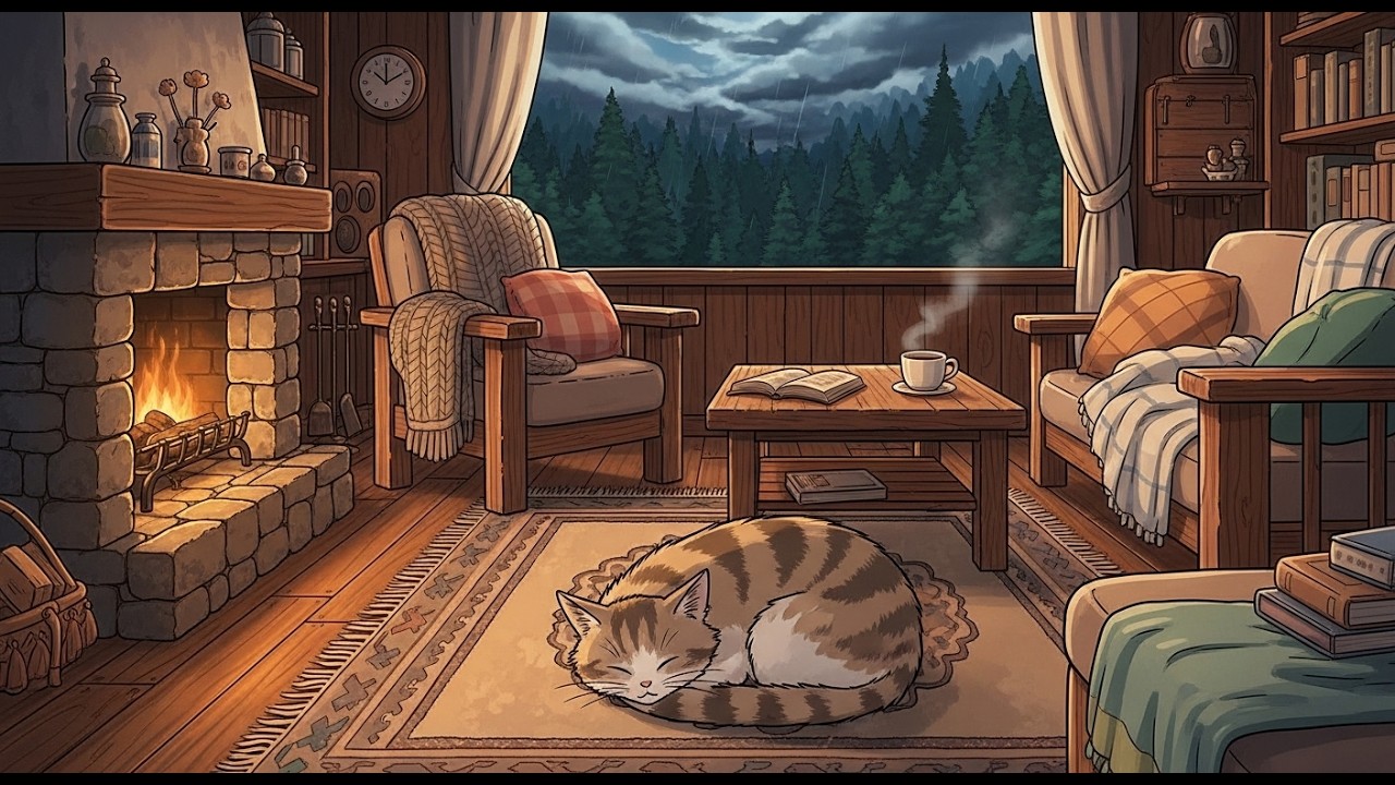 Forest Rain and Cozy Fireplace Cabin 🔥 Peaceful Lofi Background for Relaxing, Working and Sleep